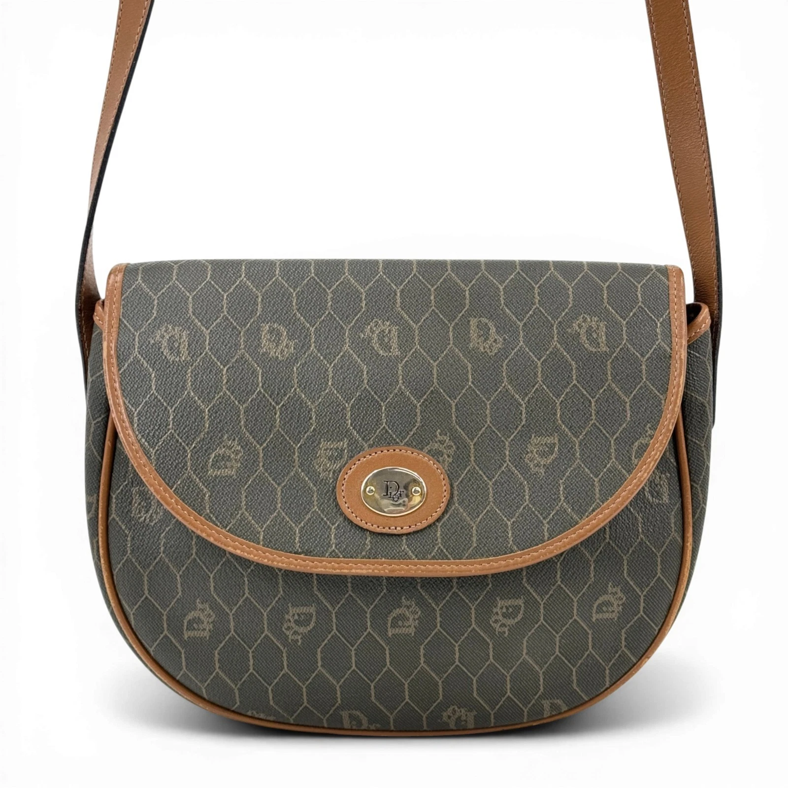 Dior — Auth CHRISTIAN DIOR Honey Comb PVC Canvas Taupe Shoulder Bag JZ111