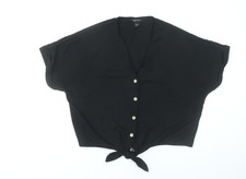 New Look Women Black Cropped Button-Up Tie Front Top UK 14