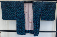 Japanese Vintage Kimono Haori Jacket Silk Blue Oshima Traditional Authentic 33in