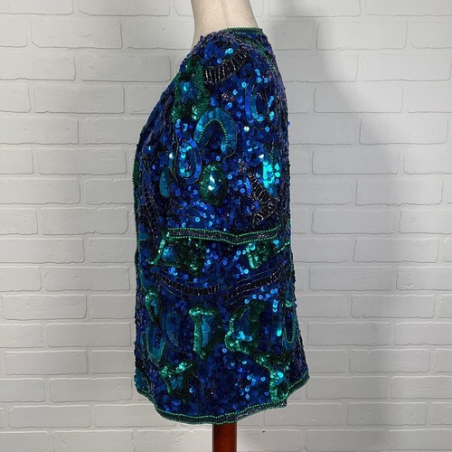 Laurence Kazar NY Jacket Women L Blue Green All Over Embellish Formal Party - Picture 3 of 9