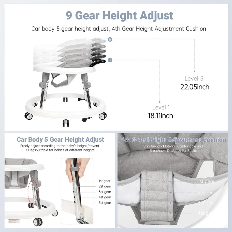 Andador Plegable para Bebé 9 Engranajes Altura Ajustable con Ruedas, Andador para Bebé Niño Pequeño Foto 4 de 4