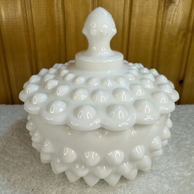White Milk Glass Hobnail Powder Trinket Candy Dish Unmarked