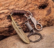 Cool Vintage Brass Feather Pendant Leather Key Ring Keychain Key Holders Mens