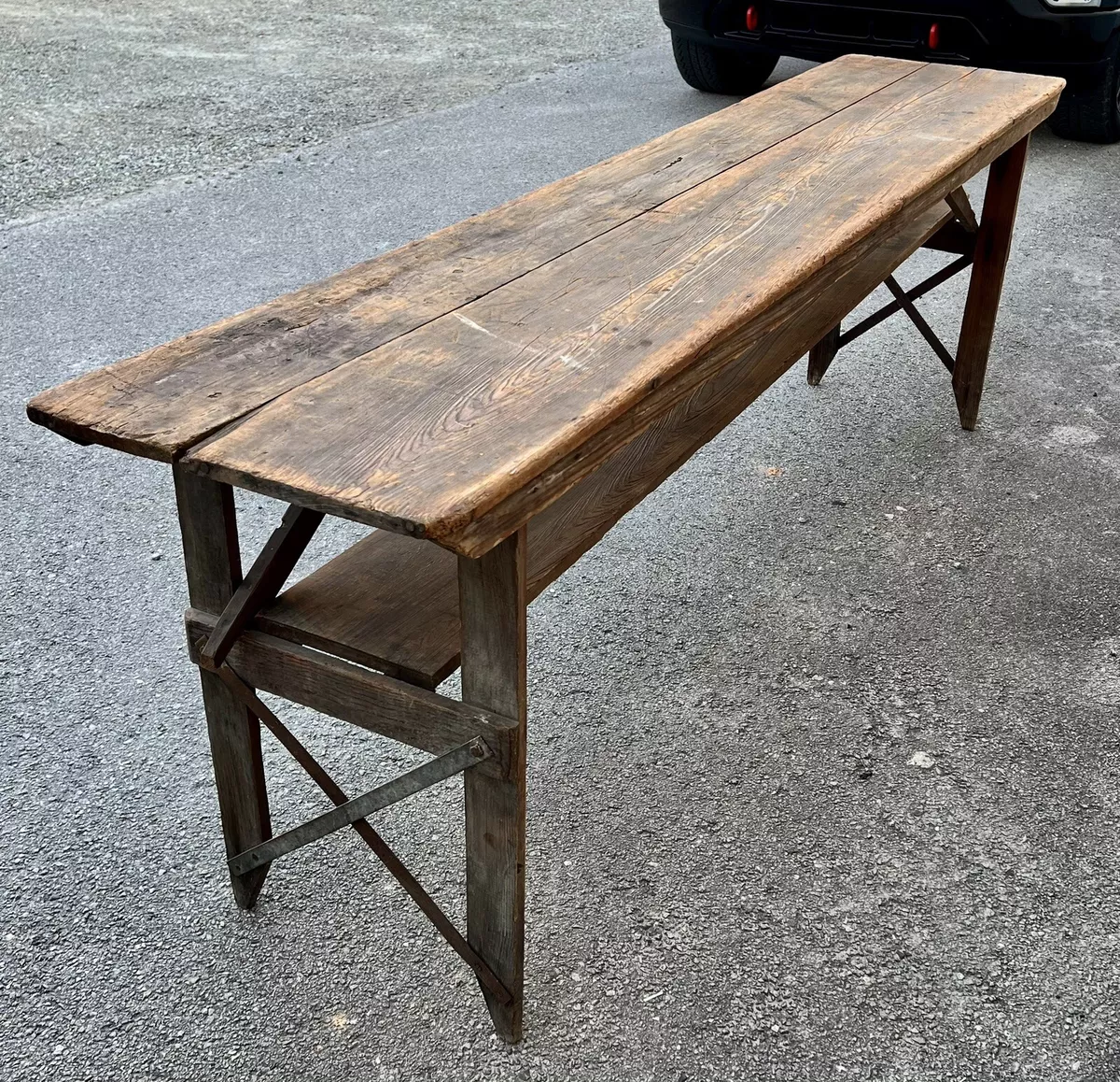 ANTIQUE PRIMITIVE 8 LONG SOLID WOOD TABLE w FOLDING LEGS SHELF UNDERNEATH
