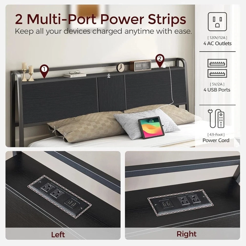 Cabecero Solo Queen Size, Cabecero con 4 Tomas y 4 Puertos USB, Industrial Foto 4 de 4