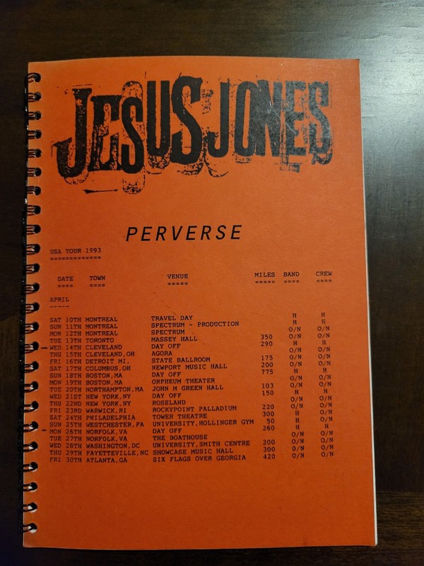 1993 JESUS JONES Tour Itinerary-Perverse tour- NOT SOLD TO THE PUBLIC