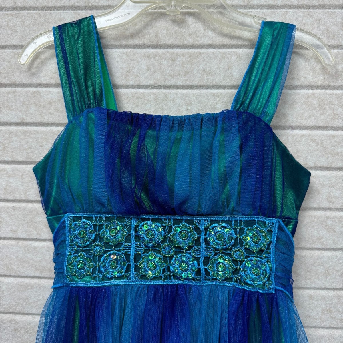 My Michelle Blue Tulle Pleated Sleeveless Dress Embroidered Floral  