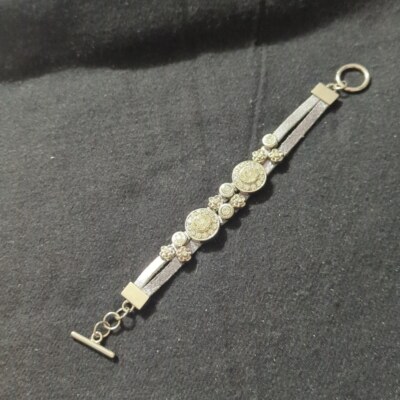 Silver Tone Clear Rhinestone Genuine Leather Statement  display picture 2