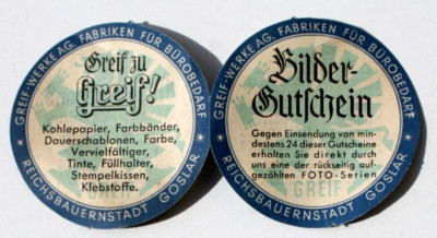 44645 Vignette Werbemarke Bilder-Gutschein GREIF Werke Bürobedarf GOSLAR 1936