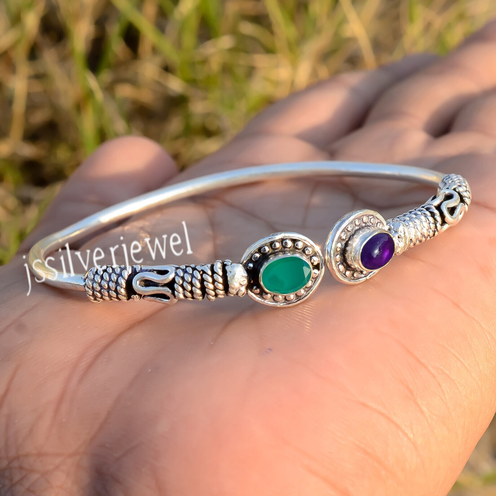Bracelet Manchette Argent 925 Avec Améthyste – Pierre Créée En Labo – Ajustable – Neuf