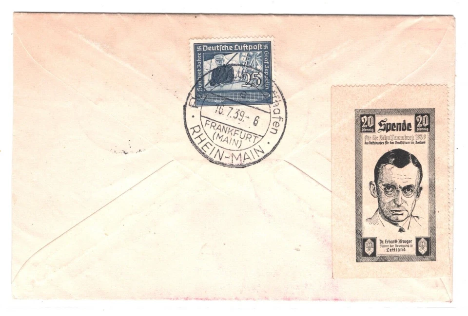 GERMANY Cover ZEPPELIN Air Mail 1939 Cover Frankfurt *Spende* 20pf LABEL MA1519 - Image 3 of 4