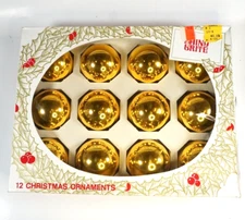 Shiny Brite 12 Christmas Ornaments Gold Glass Original Box 1-3/4" USA