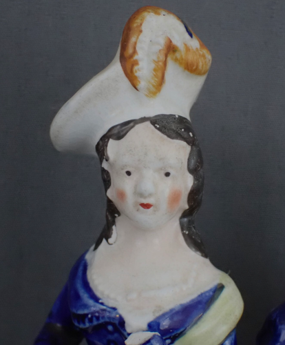 Antiqu 1850s Staffordshire Pair of English Women w/Cobalt Blue Accents #10/11 - Picture 5 of 12