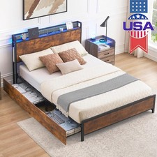 Full/Queen Size LED Bed Frame Metal Platform with 4 Drawers Charging Station