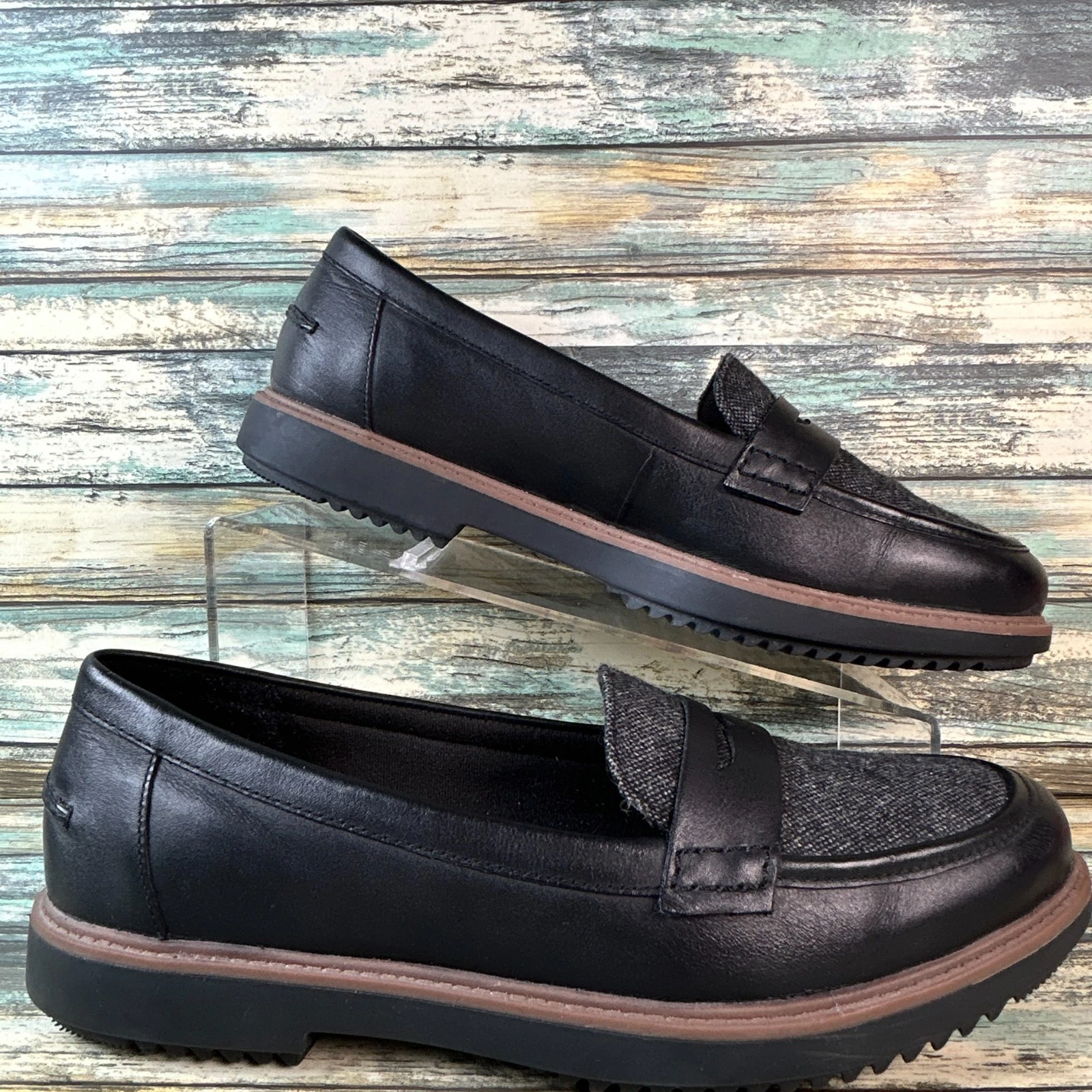 Mocassini Clarks scarpe comode 10M pelle nera tweed mocassini slip on eleganti ballerine