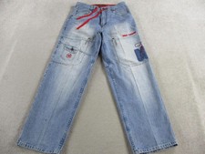 Baggy Y2K Jeans Mens 34x32 Blue Cargo Embroidered Wide Leg Loose Relaxed Grunge