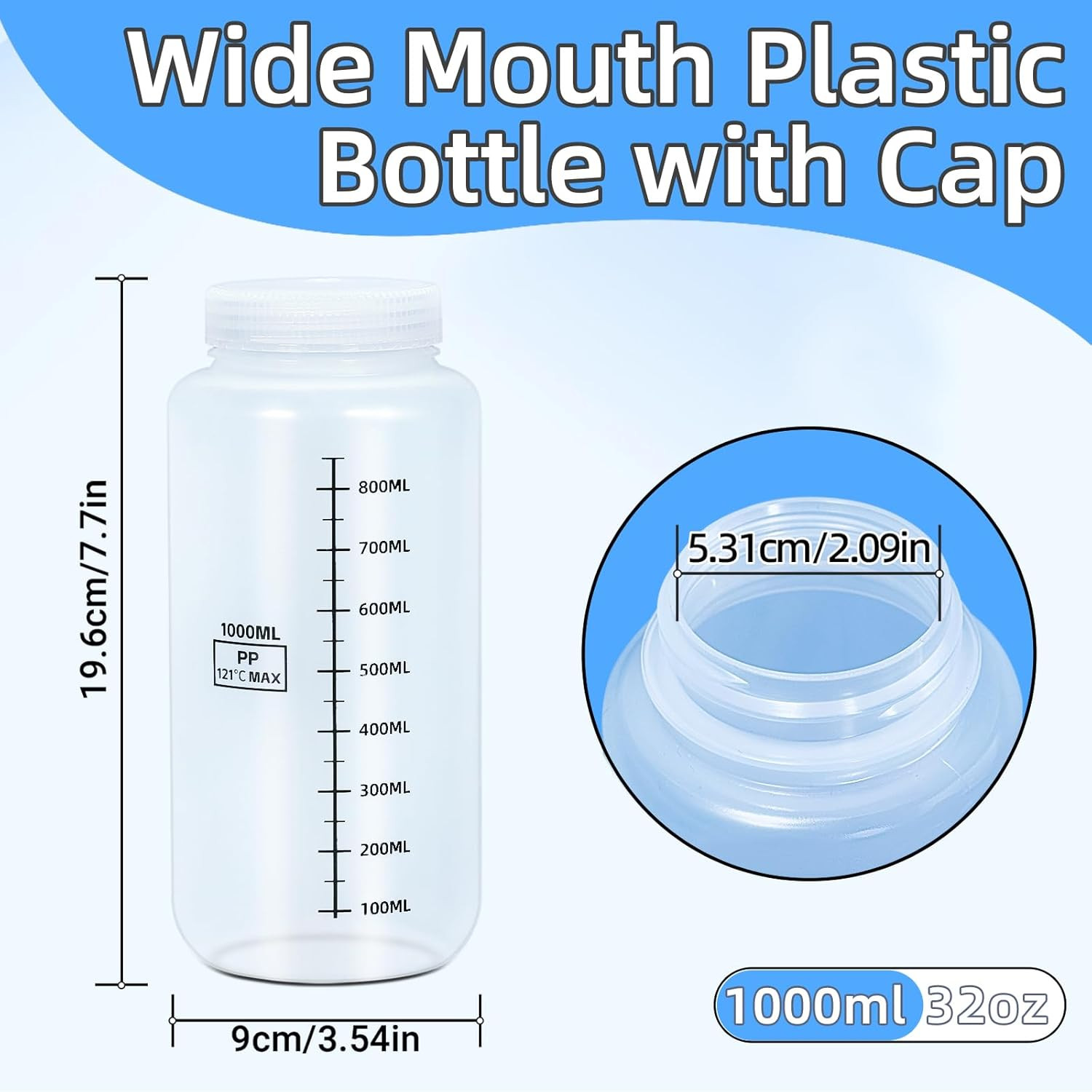 Plastic Bottles with Airtight Caps 32oz/1000ml, Food Grade Wide Mouth Liquid Con