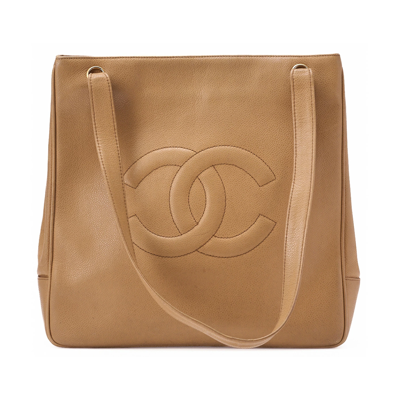 CHANEL Big Coco Mark Tote in Beige Grained Calfskin with Gold Accents