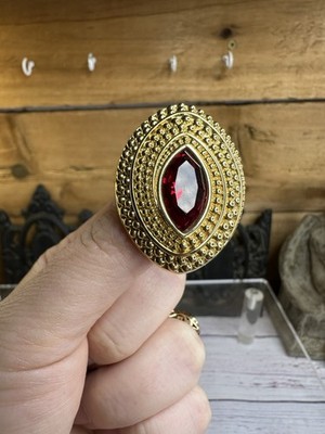 Vintage Swarovski Swan Signed Gold Tone Red Marquise Crystal Studded Brooch