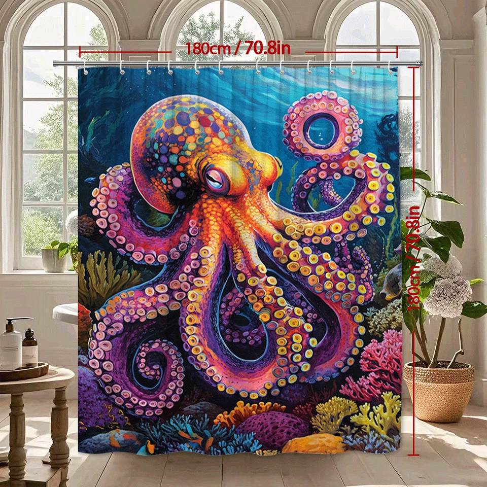 Colorida cortina de ducha pulpo, vibrante diseño de arrecife de coral submarino Foto 3 de 4