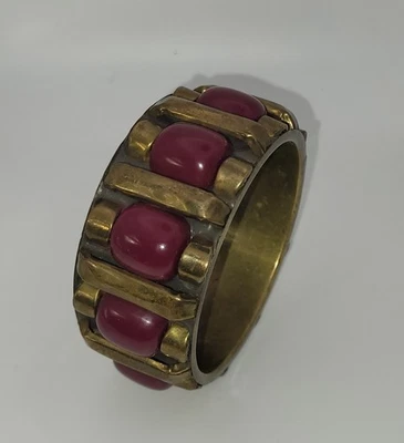 Bracelet Vintage Laiton Résine Bakelite Bordeaux  Style Brutaliste Ethnique #TR1 - Photo 1/4