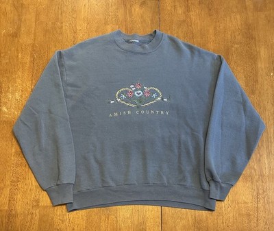 Vintage 90s Amish Country Crewneck Sweatshirt M/L Embroidered Flowers Granny