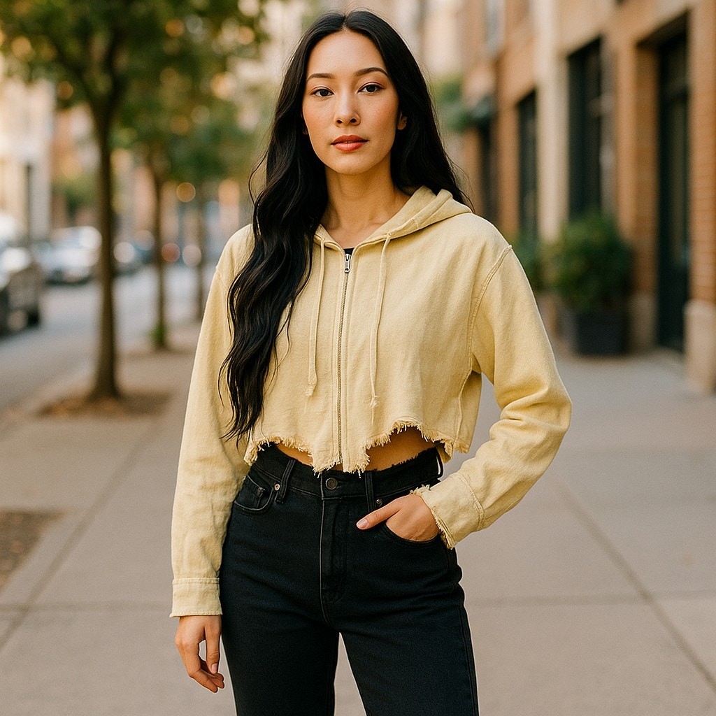 Zara Light Yellow Zip Up Corset Style Cropped Crop Hoodie Sweatshirt Medium