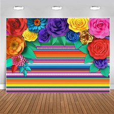7x5ft Mexican Fiesta Cinco De Mayo Striped Paper Flowers Backdrop Board