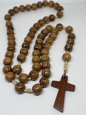 Vintage Marbled Natural Wooden Monk's Prayer Beads Cross Rosary Hand Knotted