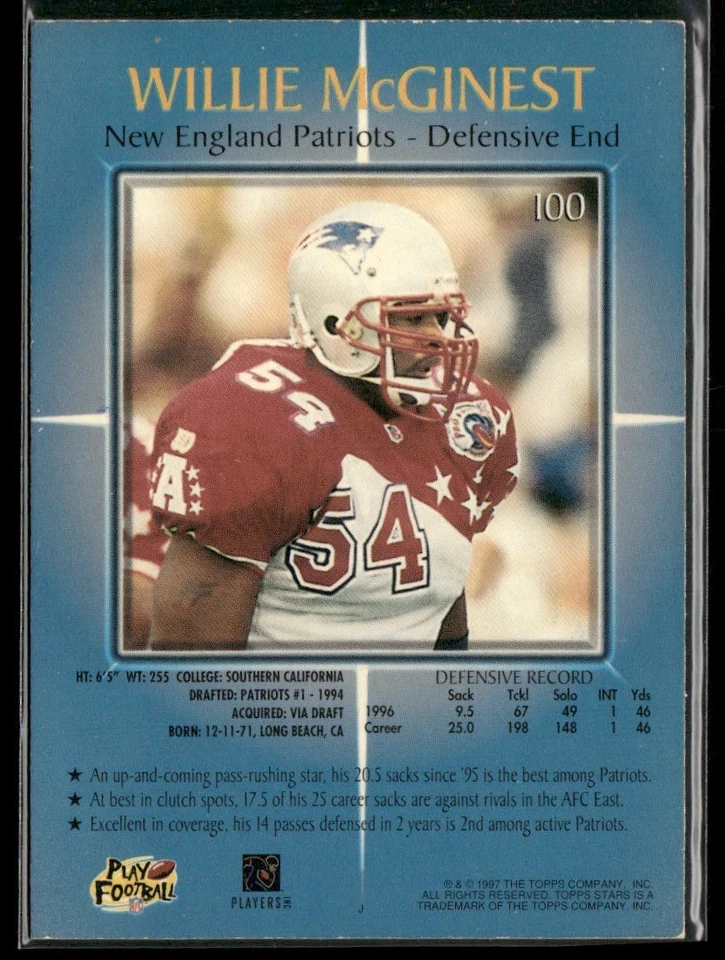 1997 Topps Stars Willie McGinest Auto New England Patriots #100 - Image 2 of 2