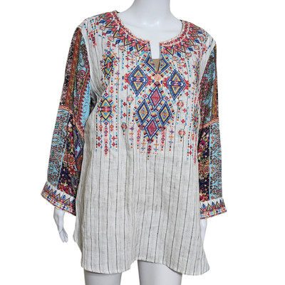 NEW John Mark 0X Boho Embroidered Stripe Split Round Neck Bracelet Sleeve Tunic