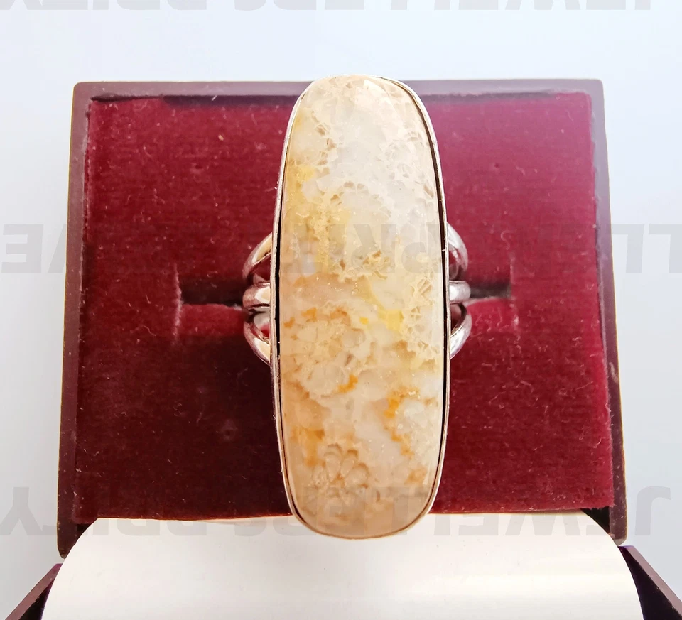 Anillo de plata de ley 925 con coral fósil indonesio natural, anillo unisex de piedras preciosas Foto 4 de 4