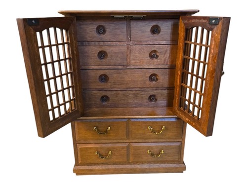 Prestige 8 Drawer Tall Wooden Velvet Lined Lattice Front Jewelry Box Chest Vntg - Picture 4 of 7