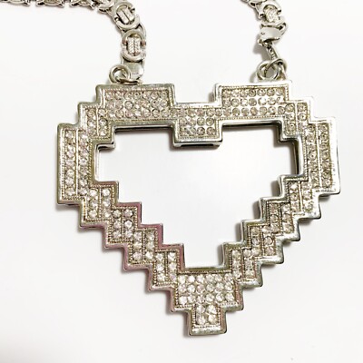 Hip Hop Silver Heart Rhinestones Interlink Chain Men Necklace Extra Large