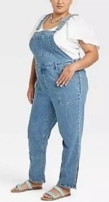 NWT AVA & VIV Women Denim Bib Overalls Plus Sz 20W Pant Slits Side Zip Stretchy