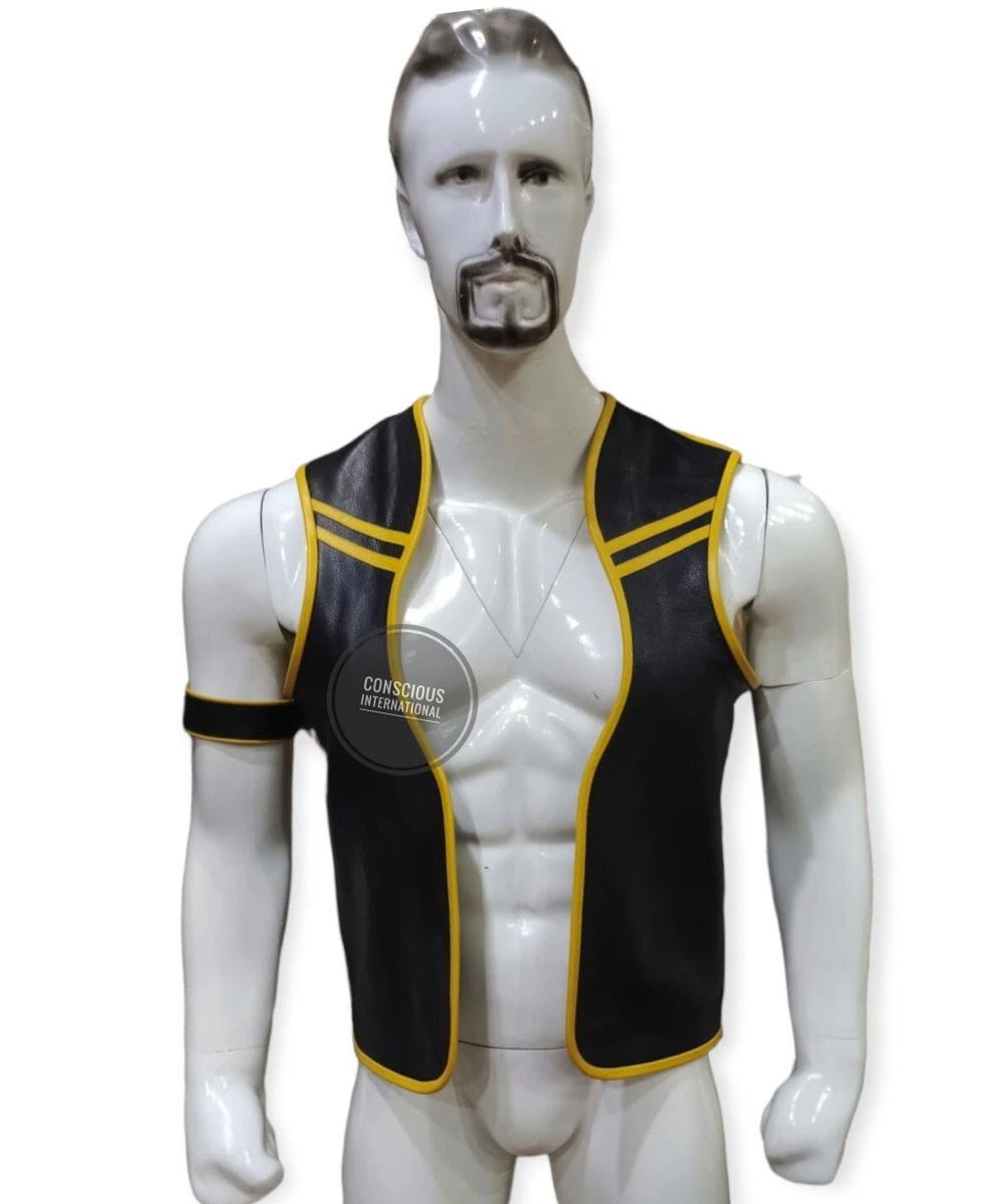 Men's Leather Sale CUTAWAY Berlin bar vest Open Front fetish Gay yellow  piping