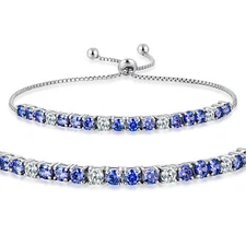 Real 925 Sterling Silver Tennis Adjustable Bolo Bracelet Blue White CZ for Women