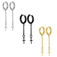 2pcs Stainless Steel Egyptian Ankh Cross Long Drop Dangle Earrings for Men Women