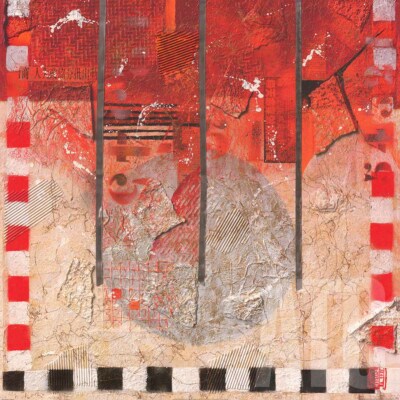39W''x39H'' UNTITLED II by DINIE NOMDEN - WARM RED, GREY and BEIGE COLLAGE CANVAS