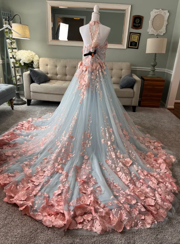 Elegant Princess Pink Blue Wedding Dresses A Strap 3D Flower Train Bridal  Gowns- | eBay