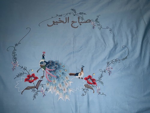 PEACOCKS TABLECLOTH ARABIC “GOOD MORNING”EMBROIDERED RUFFLED BLUE 54 X 78” - Picture 4 of 9