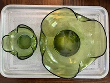 Vintage MCM Anchor Hocking Avocado Green Glass Bowls/Chip and Dip Set Folded Rim