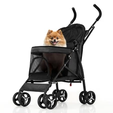 4 Wheels Pet Stroller, Easy-Fold Puppy Cage Jogger Stroller with Sun Cover, Pad