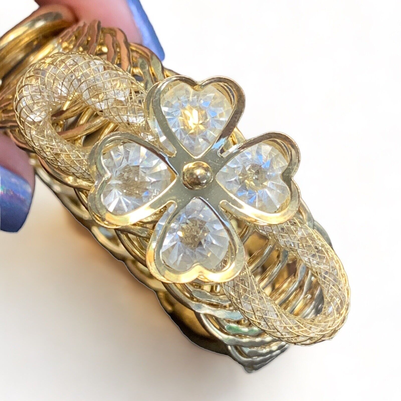 Vintage Golden Heart Clover Topped Crystal Flex W… - image 1