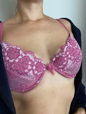 Ladies girls fuchsia pink silver padded underwired push up t shirt bra 32C Paris