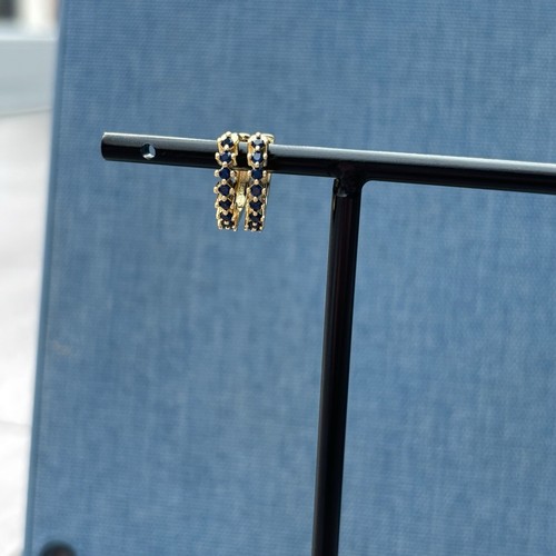 Gold Huggie Hoop Earrings with Dainty Blue Cubic Zirconia - Picture 3 of 3