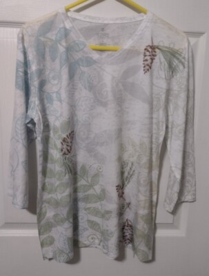 Artisans Womens T Shirt Large Leaves 3/4 Sleeve V Neck Pullover EUC