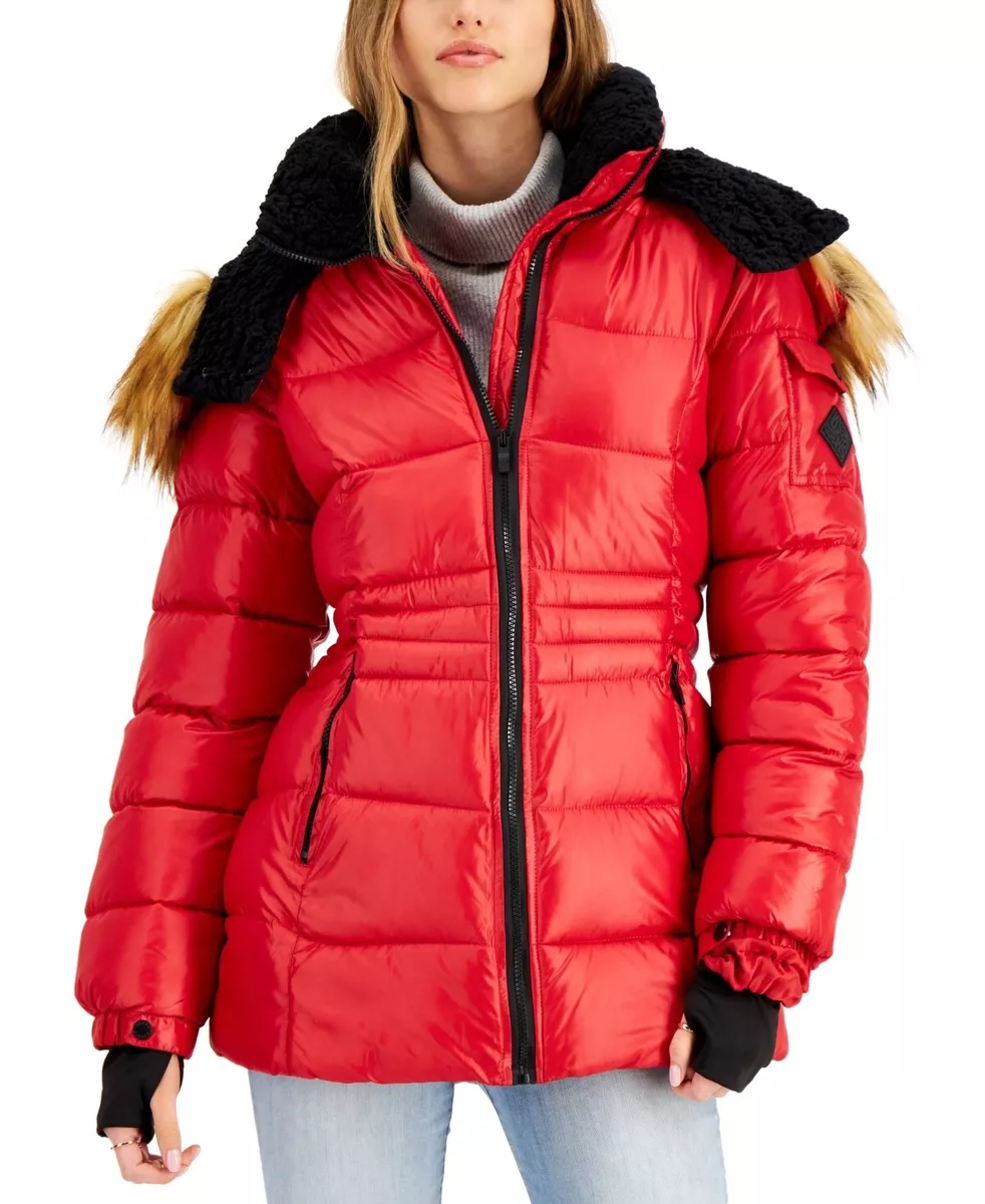 Steve Madden Juniors Faux Fur Trim Hooded Shine Puffer Coat Red