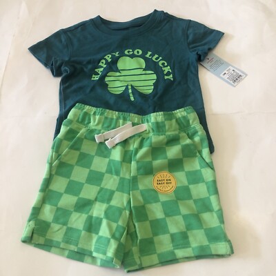Cat & Jack Baby St.Patrick s Shamrock Graphic Shirt Checkers Shorts Set Size 12M