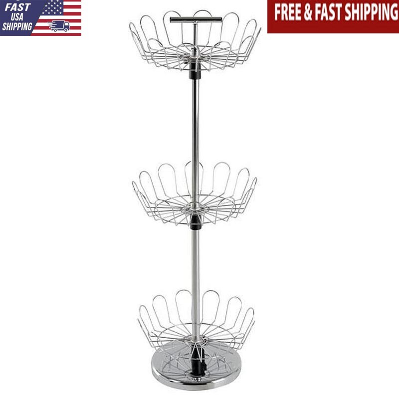 3-Tier Rotating Chrome Shoe Rack Holds 18 Pairs Easy Assembly Space Saver